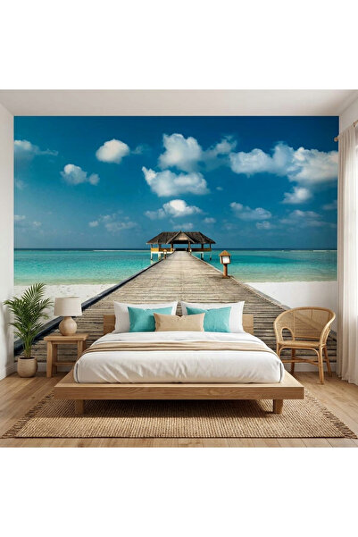 DecorDrive Turkuaz Denize Uzanan Ahşap İskele Manzaralı Tatil Duvar Kağıdı