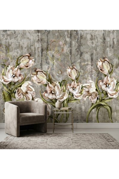 DecorDrive Eskitme Duvar Üzerinde Vintage Beyaz Manolyalar Duvar Kağıdı