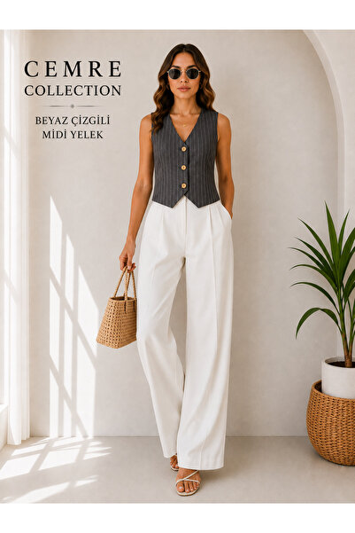 Cemre Collection Bezayağı kumaştan beyaz çizgili minimal yelek