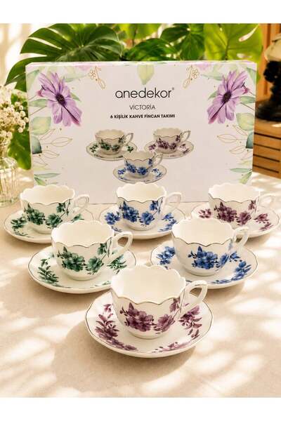 Onedekor 6 Kişilik Porselen Leaf Elegance Victoria Kahve Fincanı