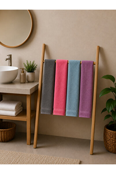 İQON Set of 4 100% Cotton Bath Towels Gray- Fuchsia- Blue- Purple (70X120 cm)