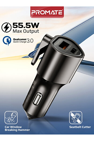 Promate 55.5W Fast Car Charger with USB-C PD 33W, Built-In Safety Hammer, Sea...