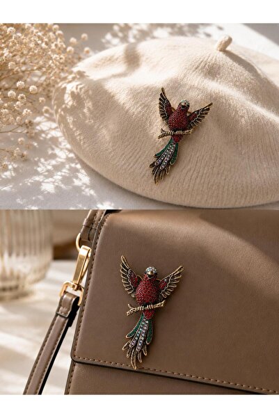 Ceso Accesories Vintage Papağan Figürlü Taşlı Broş