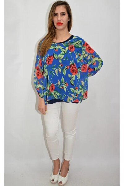 OEM Bluza dama, din voal, in nuanta de albastru, cu design floral