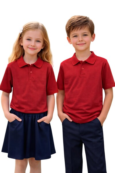ERDEM KIDS تي شيرت مدرسي أساسي يومي باللون الأحمر بأكمام قصيرة من القطن وياقة...