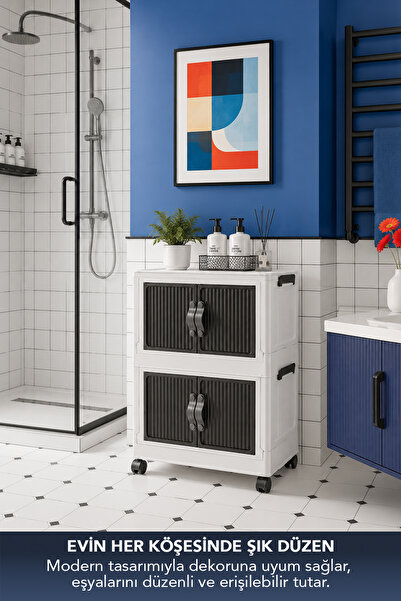 Lavine ”MEDIUM” 2 Katlı Portatif Tekerlekli Organizer Dolap Beyaz 30 LT Mıknatıslı Kapaklı Katlanır Çok Amaçlı