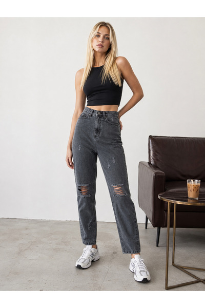 yourshıne denım co. Pantaloni Mom Jeans negri, cu talie înaltă, croială perfectă, cu rupturi la genunchi, cu efect de zăpadă, cu laser.