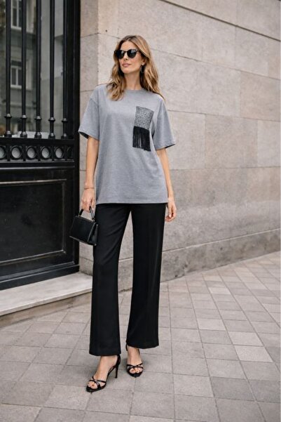 Moda Days Tricou de damă gri, cu franjuri, cu buzunar detaliat, imprimat, cu ...