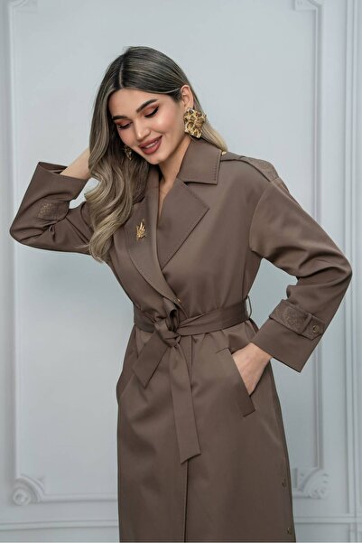 Eccim Fashion Şık Yırtmaçlı Kol Detaylı Broşlu Astarlı Uzun Kadın Trençkot