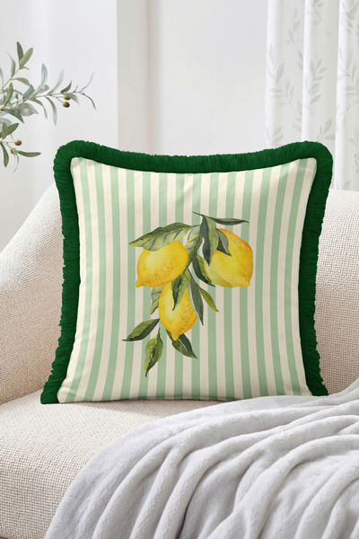 Realhomes Fringed Throw Pillow Cover with Lemon and Leaf Figures and Vertical...