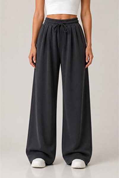 Grenj Fashion Παντελόνι με φαρδιά μπατζάκια από ύφασμα ανθρακί με απαλή υφή κ...