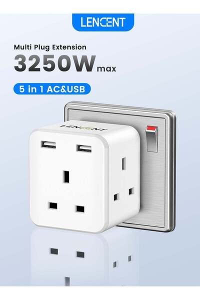 LENCENT Multi Plug Extension with 2 USB, 3 Way 3 Plugs Socket adapter, 5-in-1...