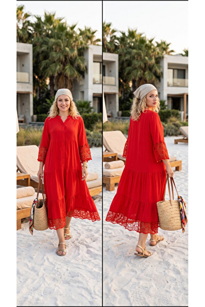 bohostyle.ro Rochie Lungă din Vâscoză cu Năsturei, Dantelă și Detalii Pompom