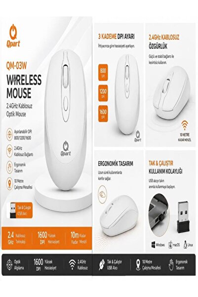 Qpart QM-03W 2.4 Ghz Kablosuz Optik Mouse Ayarlanabilir DPI 800 / 1200 / 1600...