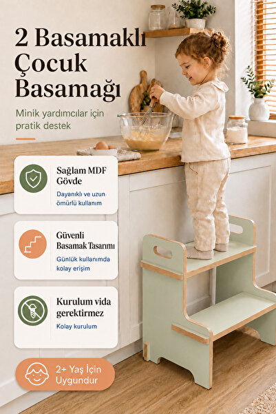 Babylike 2 Basamaklı Ahşap Bebek Çocuk Basamağı – Güvenli, Sağlam ve Vidasız ...