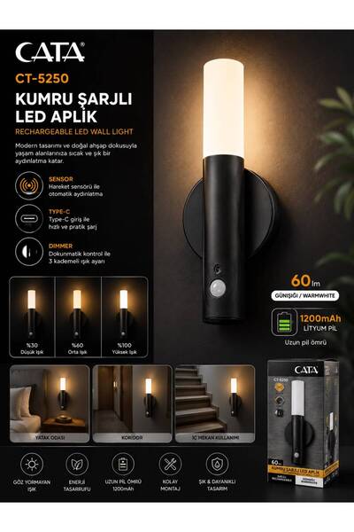 Cata CT-5250 KUMRU ŞARJLI LED DUVAR APLIĞI SİYAH