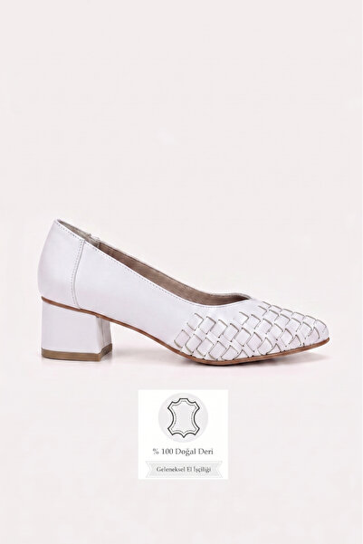TUNAELLİ Women's White Braided Genuine Leather Heeled Shoes Size 35-41