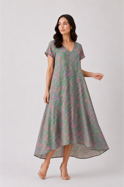 Sibel Günay Butik Picasso Patterned 120 cm Cotton Viscose V-Neck Cut Dress | ...