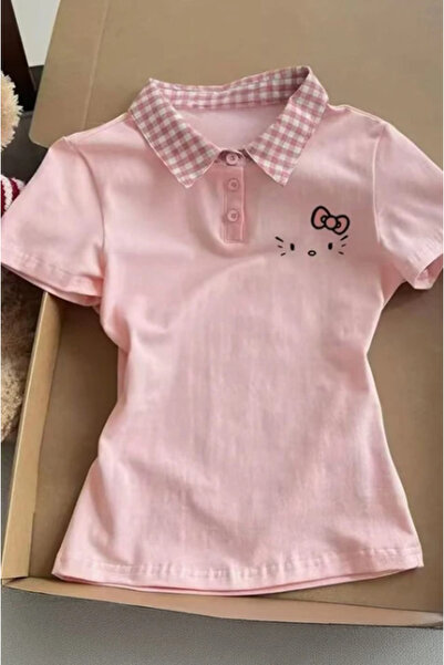 BALİNA Pembe Ekose Polo Yaka Hello Kitty Y2K Kısa Kollu Crop