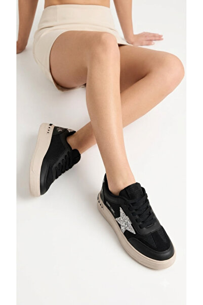 Limeo Women's Shiny Star Detailed Beige Sole Casual Lace-Up Sports Shoes Sneaker