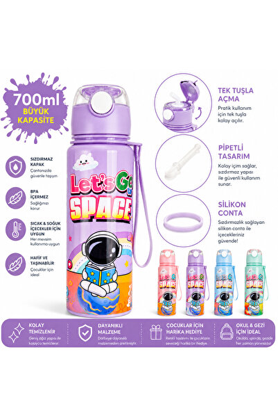 MUBX 700 ml Çocuk Suluk Pipetli Su Matarası Askılı BPA İçermez Sızdırmaz Kapak Uzay Temalı