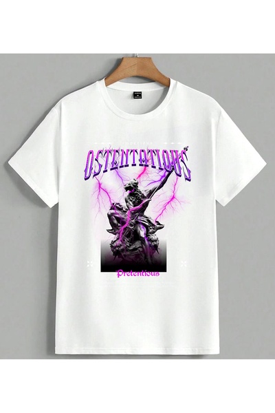 ELFERA Ostentation Purple Neon Heykelse Printed Unisex Oversize T-Shirt White