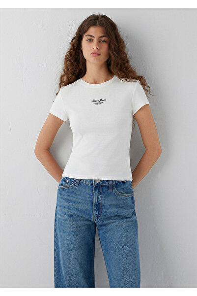 Mavi Logo Printed Ecru T-Shirt Fitted / Body-Fitting Cut 1614199-70057