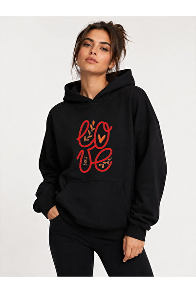 herkesemoda Love Text Printed Hooded 2 Thread Raster Sweatshirt