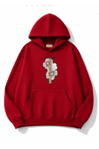 herkesemoda Floral Printed Hooded 2 Thread Threaded Sweatshirt