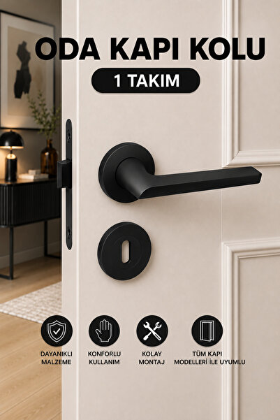 Badem10 Hira Hayal Mat Siyah Oda Kapı Kolu 1 Takım Yuvarlak Rozetli Modern Şı...