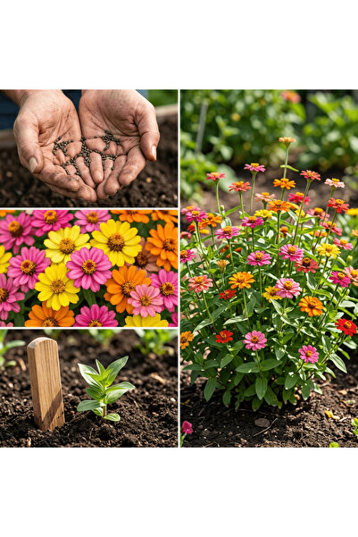 Bloom & Sow Seed بذور زينيا متعددة الألوان (وردي، برتقالي، أحمر، أصفر) - مقاو...