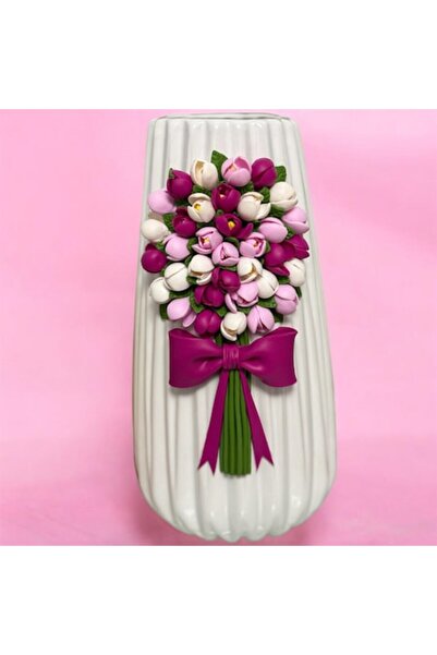 OEM Vază decorativă cu lalele din lut polimeric, multicoloră, 13x25cm