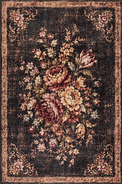 ARTLOOP Florart Siyah Goblen Vintage Çiçek Desenli Dokuma Tabanlı Şönil Halı ...