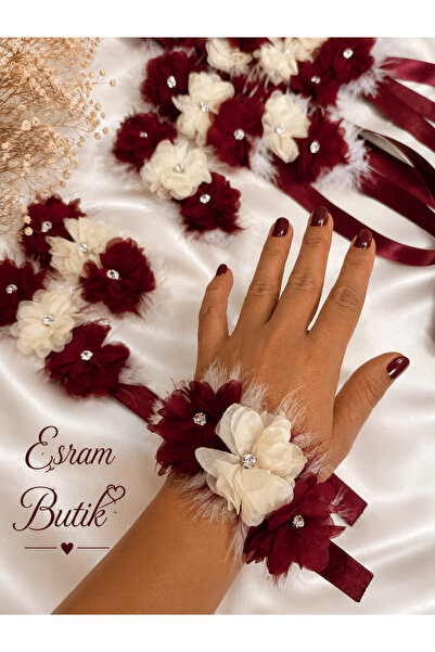 Esram Butik Bordo Krem Nedime Bilekliği 10 Adet, Kına Gecesi, Bekarlığa Veda,...