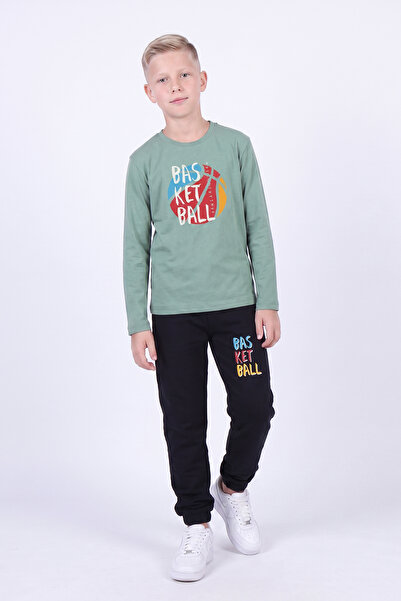 FYK KİDS Boy's Round Neck Top and Bottom Set with Print Detail and Elastic Cuffs