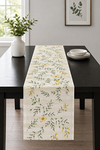 Bebişim Halı Minimal Runner Tablecloth with Yellow Wildflowers and Green Leaf...