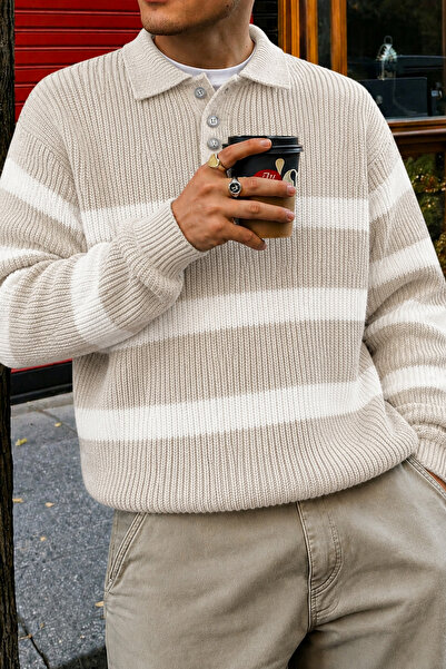 Tarz Cool Men's Striped Polo Collar Knitwear Sweater Regular Comfortable Fit ...