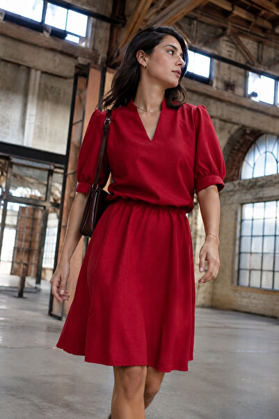 armonika Women's Red V-Neck Elastic Waist Short Sleeve Flared Dress Arm-25Y00...