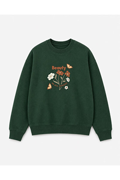 herkesemoda Beauty Print Detailed Crew Neck 2 Thread Sweatshirt