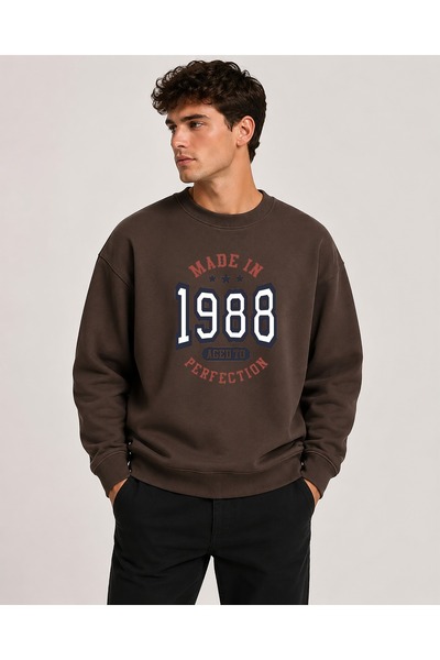 herkesemoda 1988 Print Detailed Crew Neck Ribbed 2 Thread Sweatshirt
