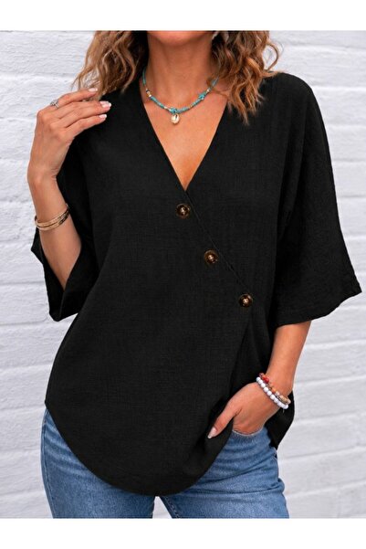 Veraura Lifestyle Women's Short Sleeve V-Neck Buttoned Blouse