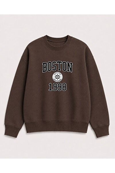 herkesemoda Boston Print Detailed Crew Neck 2 Thread Sweatshirt