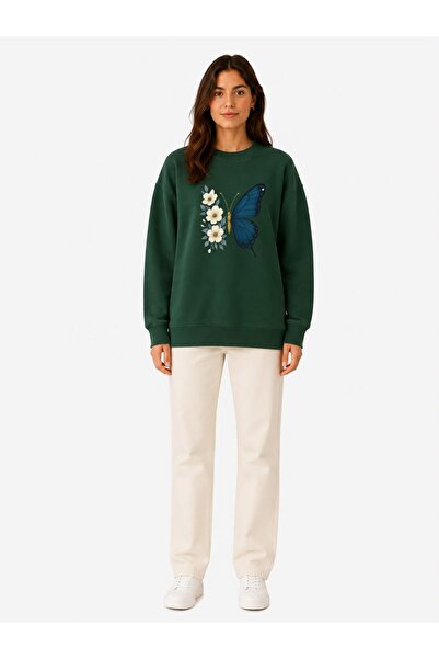 herkesemoda Butterfly Print Detailed Embroidered 2 Thread Crew Neck Sweatshirt