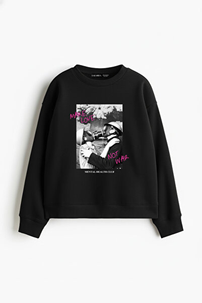 Sokak Butik سترة نسائية سوداء مطبوعة عليها عبارة Make Love Not War بدون قلنسو...