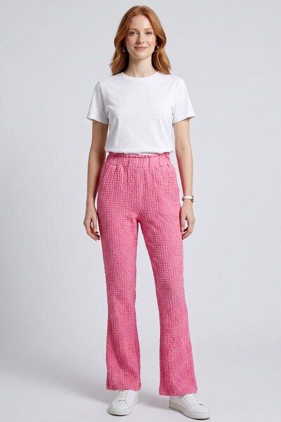hadiora Women's Pink Bubble Fabric Elastic Waist Flared Trousers
