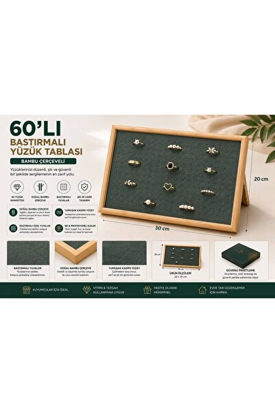 Doreka 60’lı Bastırmalı Yüzük Tablası Bambu Çerçeveli Haki Yeşil Kadife 20x30cm