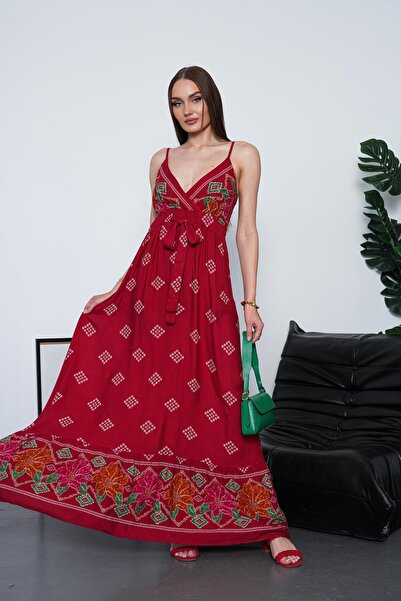 ŞİMAL Women's Strappy Double-Breasted Waist-Tied Viscose Dress 260703 -