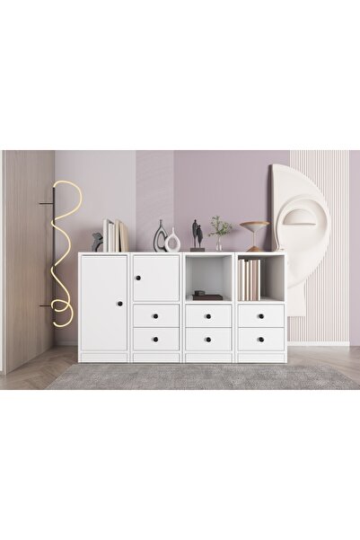 Vivense CONSOLA RAFLI DOLAPLI ÇEKMECELİ KONSOL BEYAZ 130 CM KNS-1045-Ç