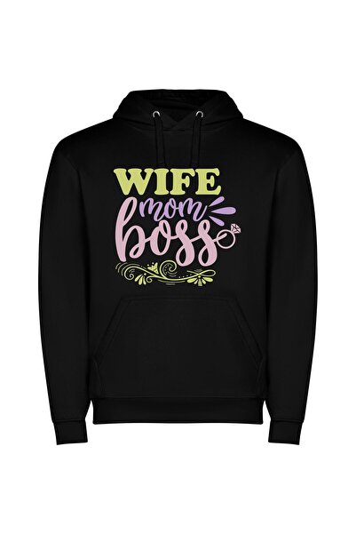 iLovePrints Wife, Mama, Boss Babe Φούτερ με κουκούλα σε χρώμα Μαύρο