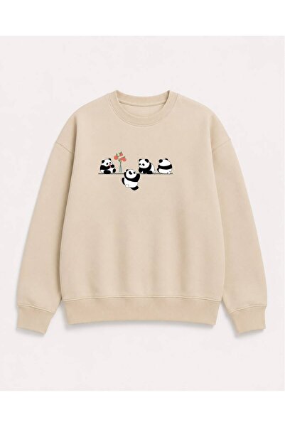herkesemoda Baby Pandas Printed 2 Thread Threaded Crew Neck Sweatshirt
